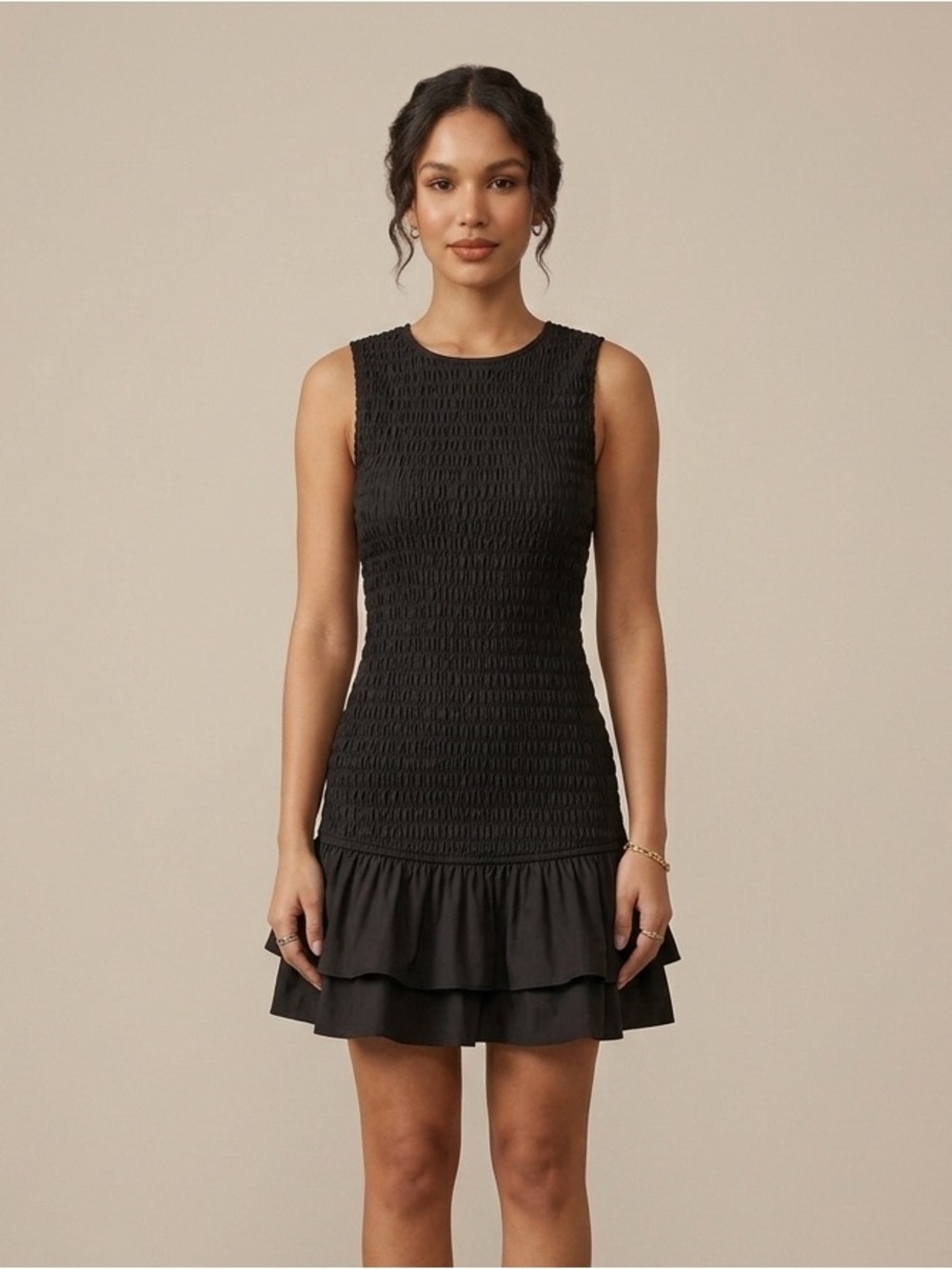 Zara Sz S Black Smocked Ruffle Skirt Mini Little Black Dress